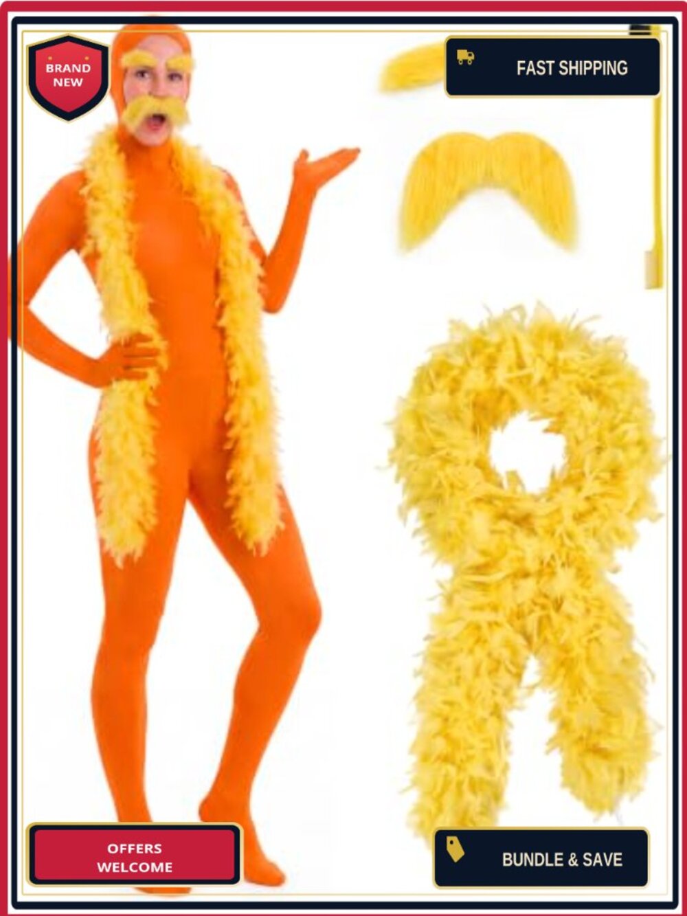 4 Pc Orange Jumpsuit Halloween Costume Set with Mustache Boa Brush